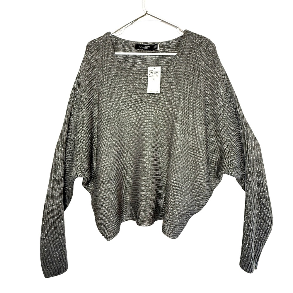 Lauren Ralph Lauren Metallic Batwing V-Neck Sweater Deco Pewter L NWT